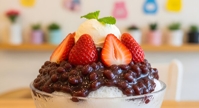 Korean shaved ice dessert with strawberries, red beans and whipped cream and mint leaf garnish on top, known as bingsu served in a glass bowl in a Korean cafe background