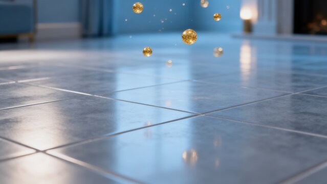 Shiny floor with floating golden orbs