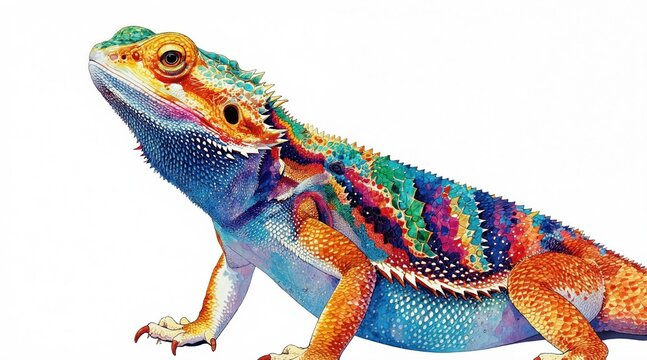 Colorful bearded dragon reptile in bright watercolor style. Animal has vibrant scales in blue orange green and yellow. Realistic fantasy creature with detailed texture.