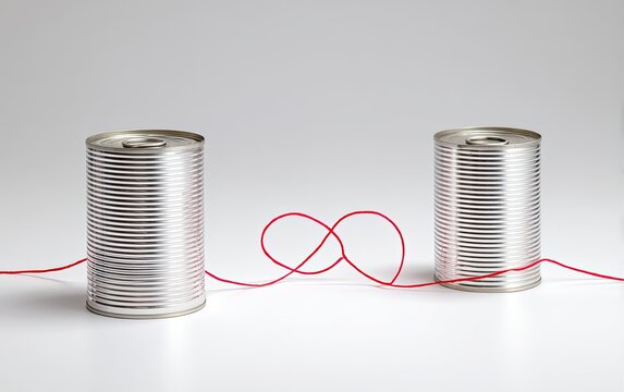 Two tin cans connected by a red string, symbolizing communication