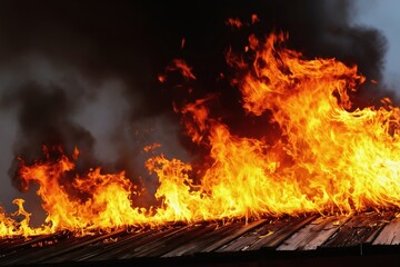 Wood roof ablaze with intense orange flames. Dark smoke billows upwards into night sky. Structure fire rages intensely. Building on fire burns out of control.