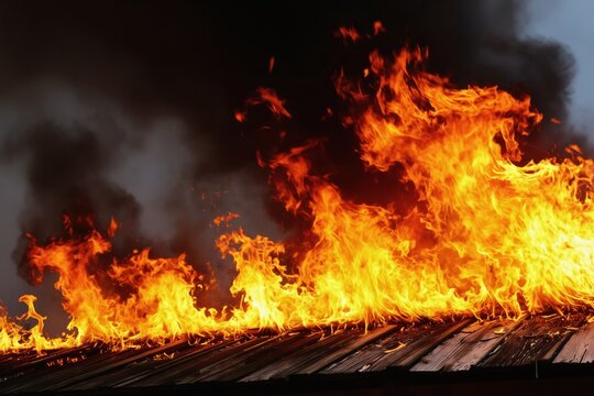 Wood roof ablaze with intense orange flames. Dark smoke billows upwards into night sky. Structure fire rages intensely. Building on fire burns out of control.