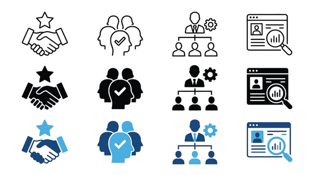 Set of business icons including handshake with star, team with check mark, management structure, and data analysis on web page, vector illustration