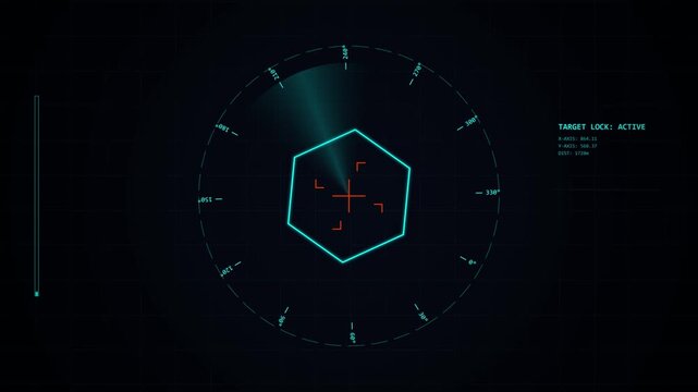Futuristic HUD screen shows active target lock, scanning radar data animating in real-time.