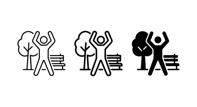 Fitness Icons: Active Person Jumping Jacks, Park Bench, Tree, Silhouette, Line Art, Vector Set