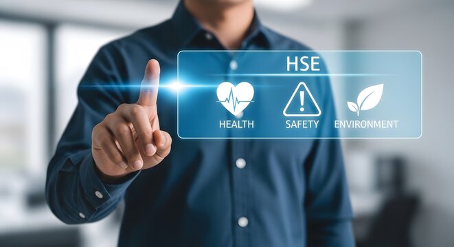 Business person touching a digital interface displaying hse health safety and environment with glowing light effects on a blurred office background, for corporate