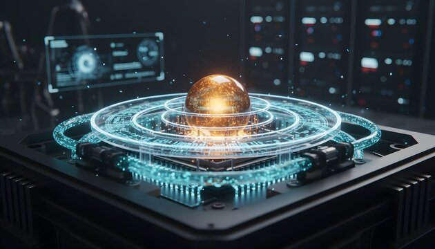 Futuristic quantum computer core with glowing golden light and rotating data rings concept