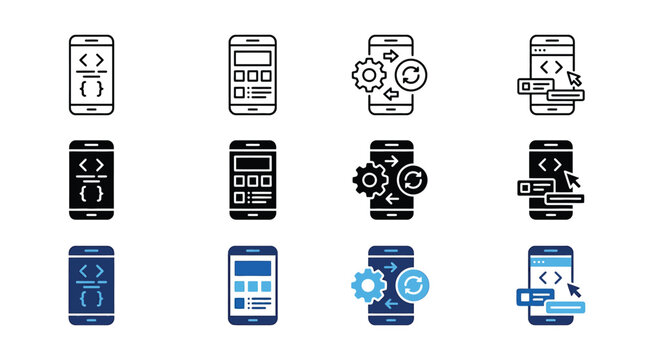 Set of mobile application development icons, including coding, ui design, app synchronization, and interactive interface elements, vector illustration