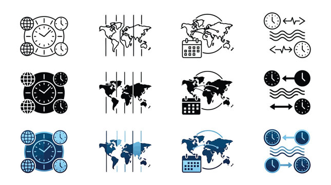 Set of time zone icons, world clock, global time, international meeting, time difference, calendar and globe, vector illustration