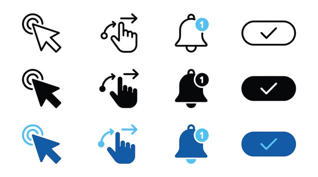 Set of user interface icons including mouse cursor click, swipe gesture, notification bell with alert badge, and checkmark button