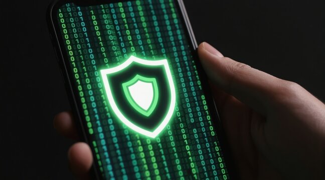 Person holds smartphone displaying glowing shield icon over binary code. Digital protection, cyber security concept for mobile devices and data.
