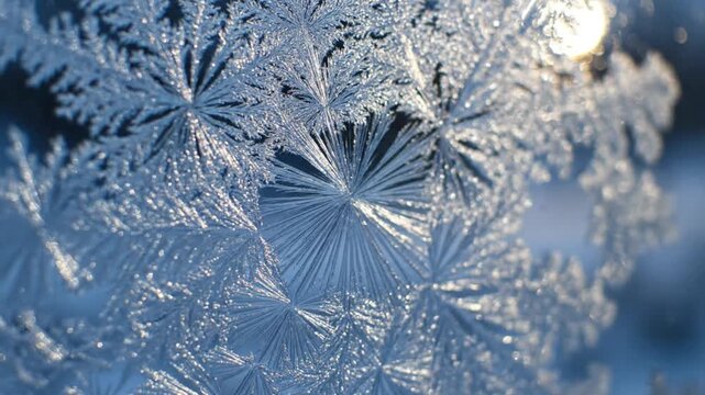 Intricate Frost Patterns on Window, Close-up Crystal Snowflake Formations, Winter Ice Nature
