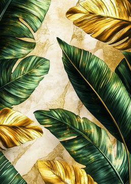 Luxurious tropical leaves with green and gold tones on textured background tropical leaves green tro