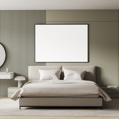 Fototapeta na wymiar Modern bedroom interior featuring minimalist bed, soft textiles, subtle lighting, refined architecture elements and large empty poster mockup on calm wall for design display. 3D Rendering