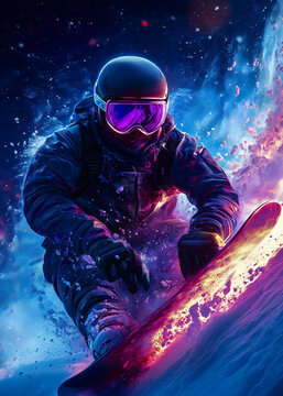 Extreme Snowboarding Action Shot with Vibrant Neon Lights and Snow Spray extreme snowboarding snowbo