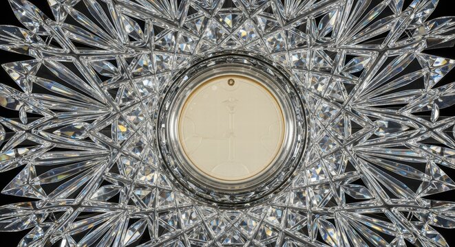 Close-up of a sacred ciborium with intricate crystal detailing and a communion wafer
