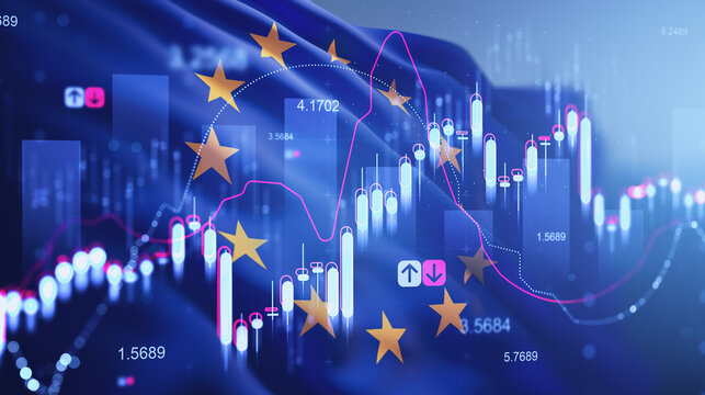 European market chart with glowing forex indicators and rising stock concept over dynamic background depicting exchange trends. 3D Rendering