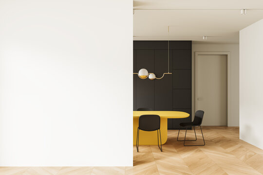 Minimal interior dining room design with empty wall mockup dividing spacious modern architecture setting featuring contemporary furniture and warm flooring concept. 3D Rendering