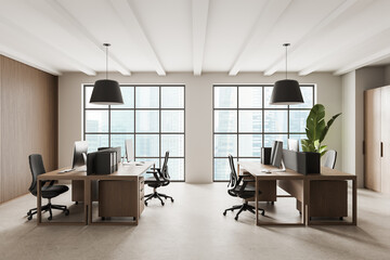 Fototapeta premium Modern open space office interior with wooden desks, ergonomic chairs, large windows and city view, showcasing clean architecture and minimal design concepts. 3D Rendering