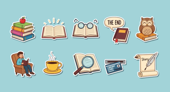 Collection of illustrated book-related icons and symbols on a light blue background