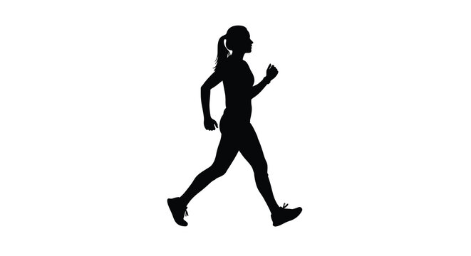 Running woman in motion side view black silhouette high quality