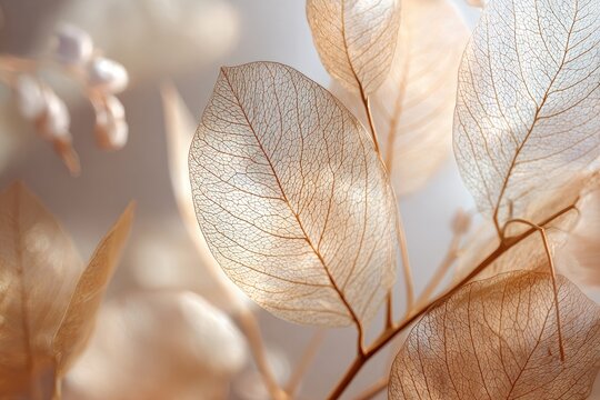 Delicate translucent leaves with intricate veins illuminated by soft light
