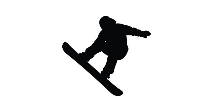 Snowboarder in mid air jump black silhouette on white background