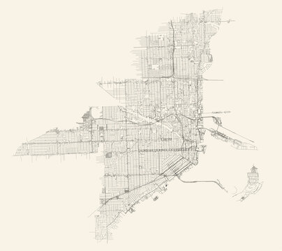 City street map of Miami, USA, in black and light beige. High resolution full frame minimalist poster style road map or urban street plan of Miami. Vintage look.