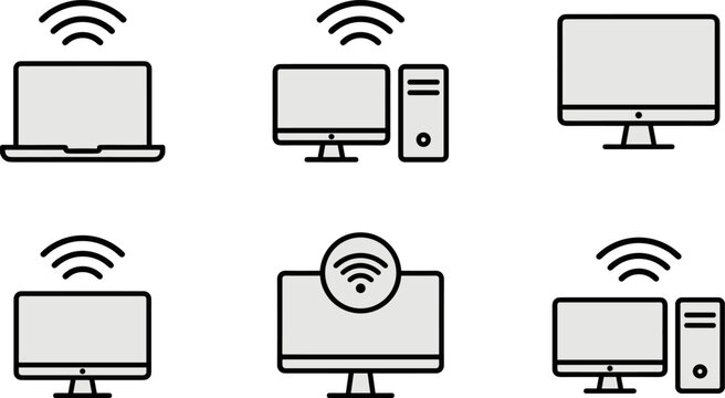 Collection of six computer and Wi‑Fi icons showing laptops, desktops, monitors, and wireless connectivity in modern technology design
