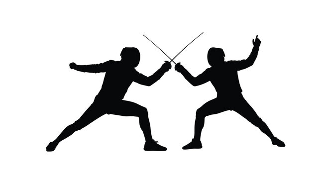 Two fencers in action with swords dynamic pose black silhouette