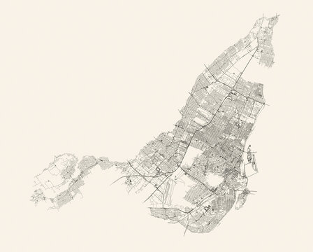 City street map of Montreal, Canada, in black and light beige. High resolution full frame minimalist poster style road map or urban street plan of Montreal. Vintage look.