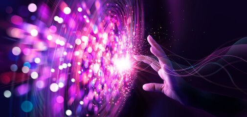 Naklejka premium Abstract, Big data network and cyber ​​particles that are distributed and circulating within the system. AI technology, Data science, Businessman Fast connected with the world at your fingertips.