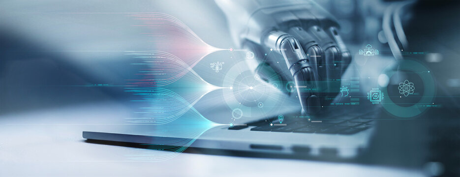 AI, Machine learning, Data flow visualization, big data analysis, Hands of robot touching on big data network connection, Science and artificial intelligence technology, innovation and futuristic. 