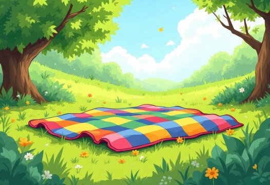 Colorful picnic blanket in a lush green park