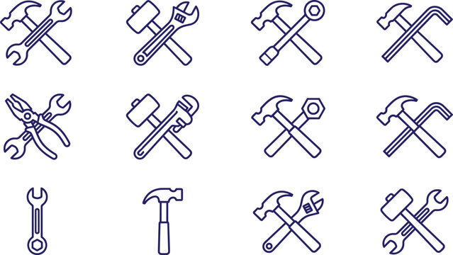 Collection of twelve blue line tool icons featuring hammers, wrenches, pliers, mallets, bolts, and mechanical repair symbols