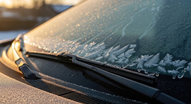 Frozen Windshield in Winter Morning.