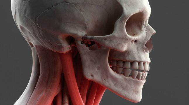 Human skull side view with TMJ pain highlighted in red. Shows jaw joint inflammation and neck muscles. Medical 3D render for dental and health topics.