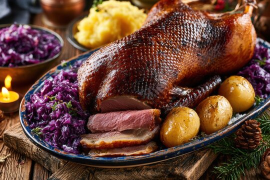 G&auml;nsebraten als Weihnachtsessen auf rustikalem Tisch mit Rotkohl und Kl&ouml;&szlig;en, traditionelles deutsches Festessen