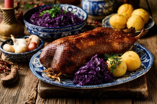G&auml;nsebraten als Weihnachtsessen auf rustikalem Tisch mit Rotkohl und Kl&ouml;&szlig;en, traditionelles deutsches Festessen