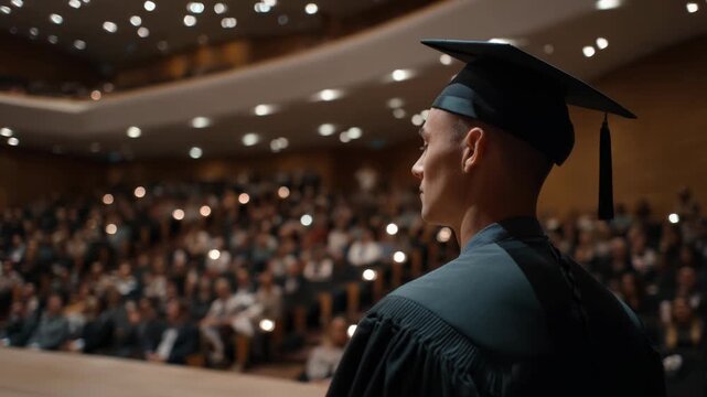 Graduate in cap and gown speaking at commencement ceremony with audience