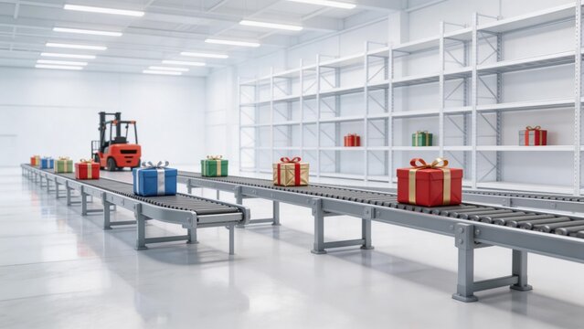 Gift boxes on conveyor in warehouse