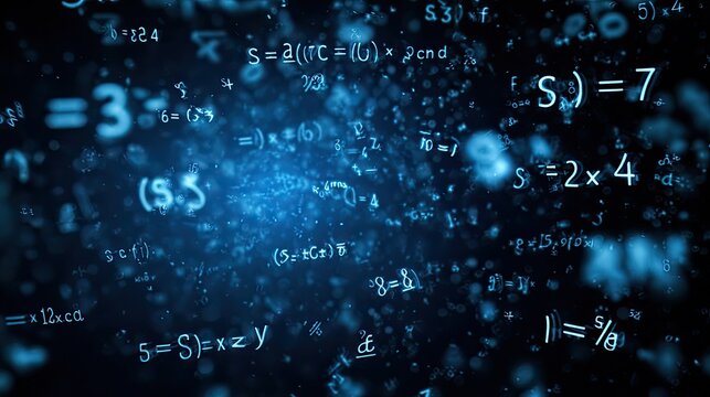 Abstract blue background with floating glowing mathematical equations and symbols
