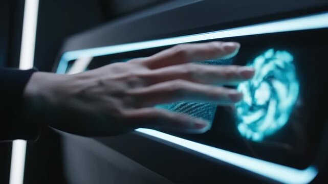Close up of a hand touching a futuristic digital interface with glowing blue data for an artificial intelligence concept and high-tech security