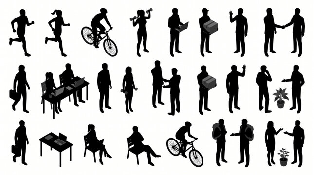 Isometric Black Silhouette People Vector Set: Men and Women Walking, Sitting on Benches, and Talking