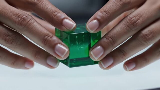 Close up of human hands interacting with a glowing green digital cube on a white surface for data technology concept and futuristic innovation