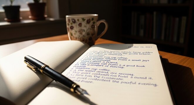 Journal Entry with Coffee Cup on Desk in Sunlight