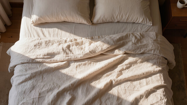 Top down view of cozy unmade beige linen bed with crumpled sheets and pillows in warm morning sunlight, minimalist bedroom interior detail, neutral home decor lifestyle concept