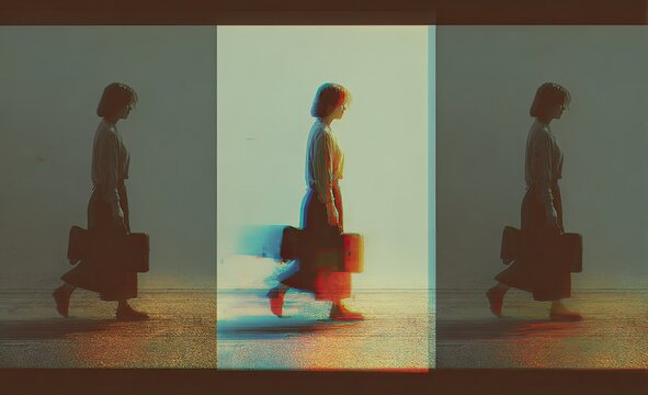 A woman in vintage attire walks carrying a suitcase, with glitch effect