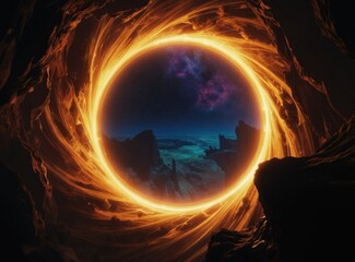 Fototapeta premium Glowing orange portal opens to starry galaxy and alien landscape. Fiery energy vortex reveals rocky terrain and distant nebulae. A mysterious gateway invites travel beyond.