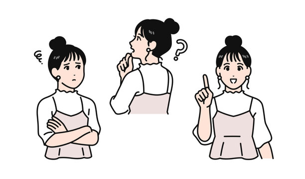 まとめ髪の若い女性のシンプルなポーズセット素材